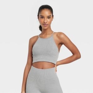 JoyLab Ribbed Seamless High Neck Tank/Bra in Heather Gray
